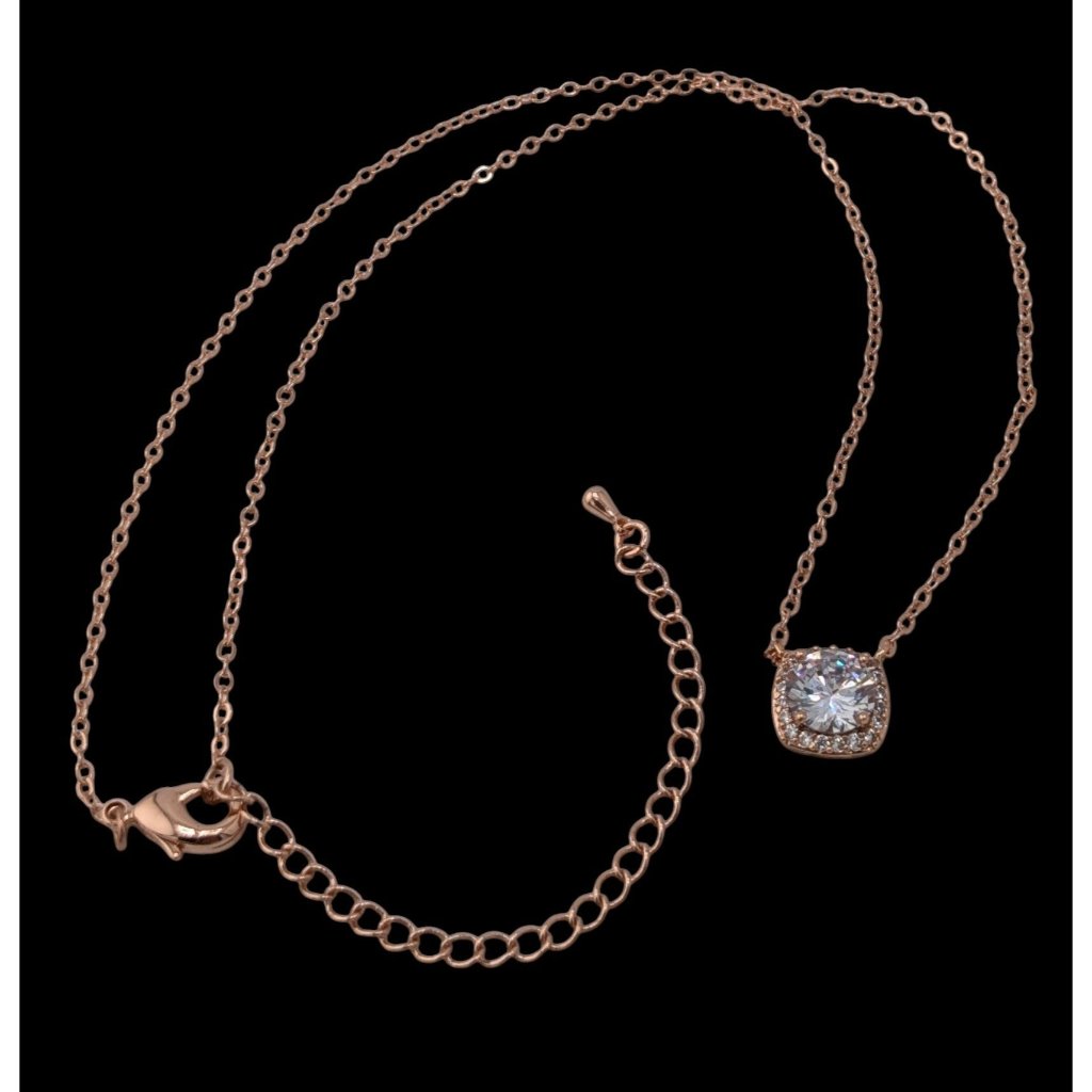 Elegant Romantic Rose Gold Tone Pendant Necklace With Sparkling Cushion-Cut Gem